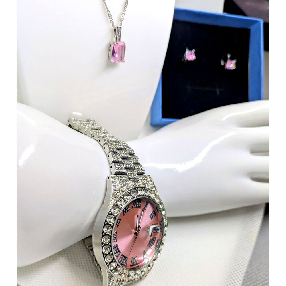 Womens Iced Out Pink Watch & Genuine Moissanite Accent Jewelry Set (Silver Tone)